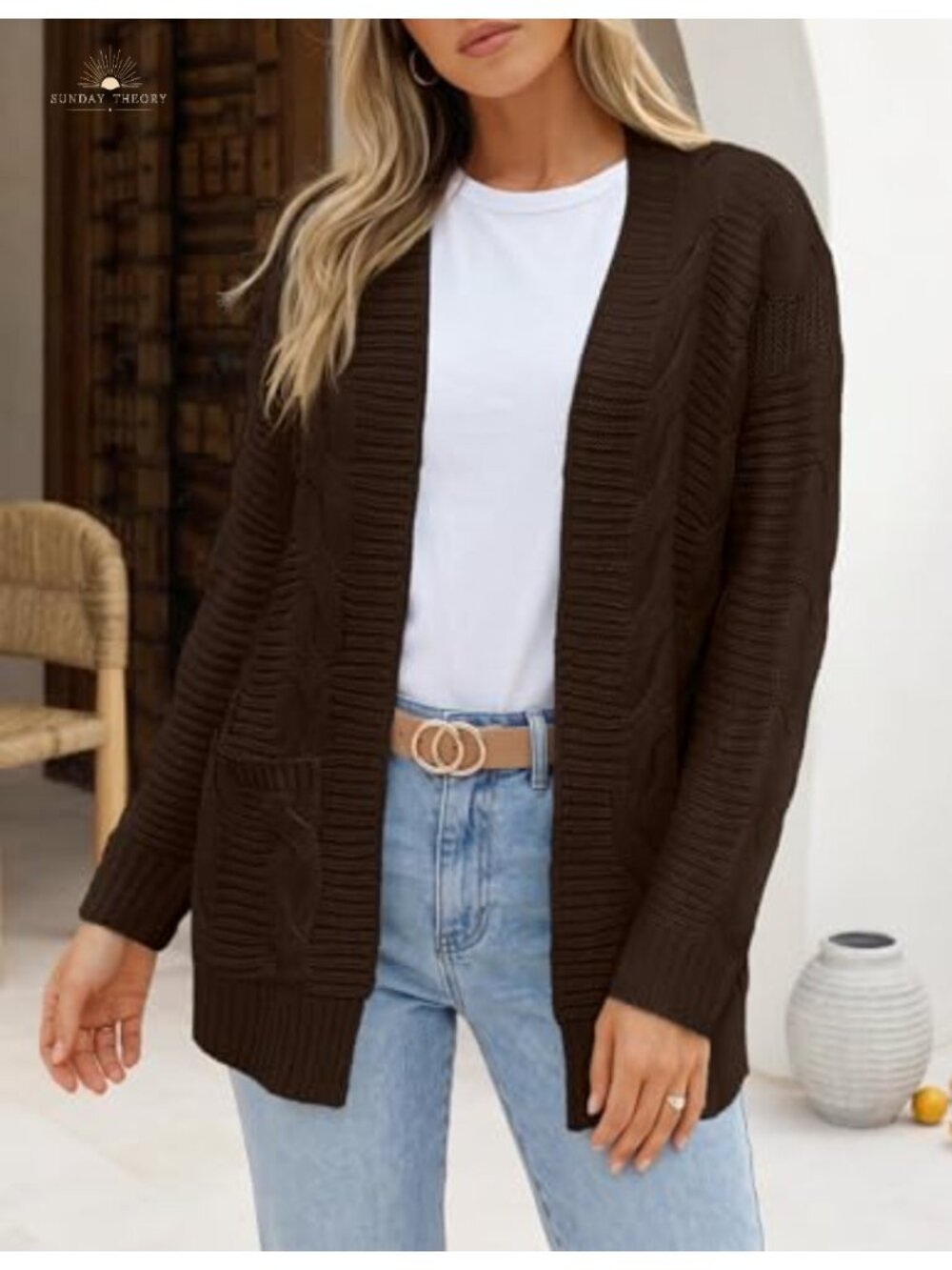Womens Cable Knit Open Front Cardigan Long Sleeve Chunky Sweater Coat - Picture 4 of 6